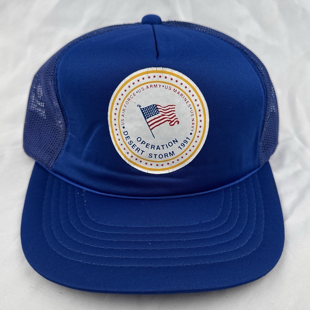 Vintage 90s Operation Desert Storm US Military Blue Trucker Snapback Hat